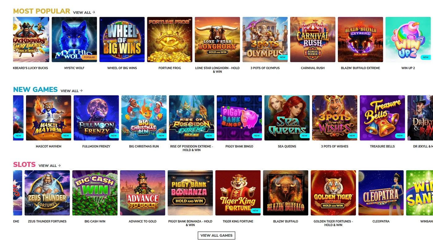 JacksPay Casino games lobby showing Most Popular, New Games and Slots categories
